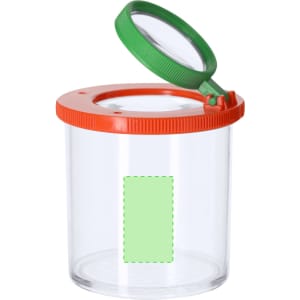 A clear jar with a green and red lid, featuring a built-in magnifying glass on top.