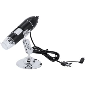 A black and silver microscope on a chrome stand with a USB cable attached.