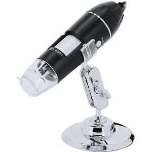 A black microscope with a clear lens mounted on a chrome stand, featuring a branding logo.