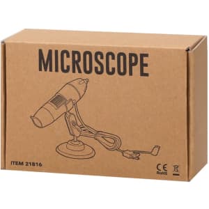 A brown cardboard box containing a microscope illustration and cable, with a mounted stand design.
