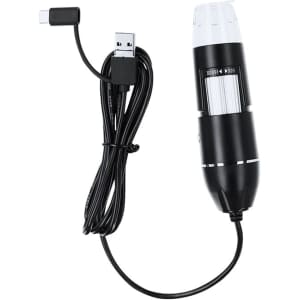 A black electronic microscope with a USB cable, featuring a sleek design and a transparent viewing section at the top.