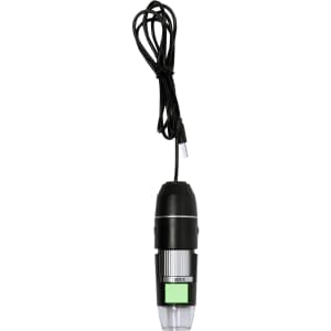 A black microscope with a clear base and a long cord, featuring a device logo on the body.