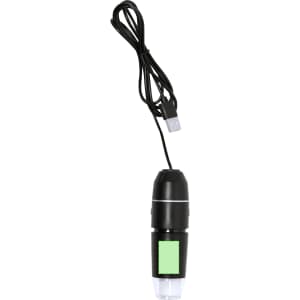 A black microscope with a USB cable, featuring a green accent on the body.