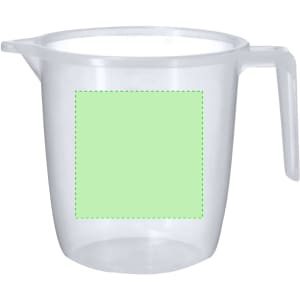 A clear plastic measuring jug with a handle, featuring a blank green square area on its side.