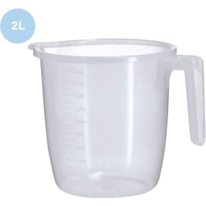 A transparent plastic measuring jug with a 2L capacity and a handle. It features measurement markings on the side.