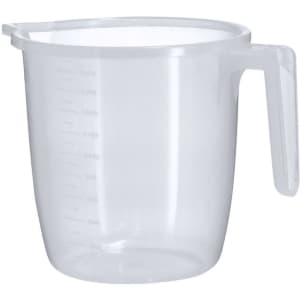 A clear plastic measuring jug with a handle and measurement markings on the side.