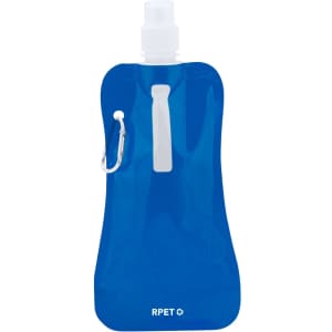 A drink bottle in vibrant blue, featuring a simple design and a carabiner for attachment, with a logo at the bottom.