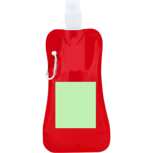 A drink bottle in red with a foldable design, featuring a white cap and a carabiner. It has a blank area for customisation.