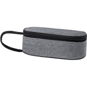 A grey thermal sandwich holder with a zip closure and a handle. Features a simple, sleek design.