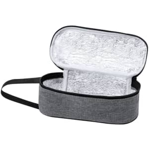A grey thermal sandwich holder with a zippered closure and insulated interior for food storage.