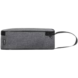A grey insulated sandwich holder with a zipper and a handle, featuring a branding logo.