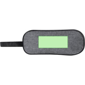 A grey thermal sandwich holder with a black trim and handle, featuring a blank green area.