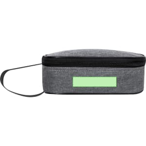 A grey thermal lunch bag with a zip closure and handle, featuring a blank area for potential branding.
