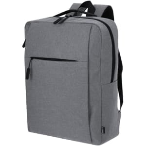 A grey backpack with a front pocket and black straps, featuring a logo on the side.