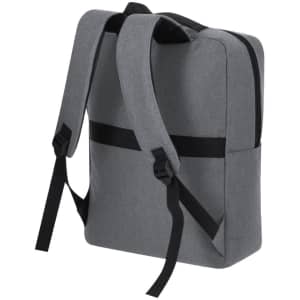 A grey backpack with black straps and a streamlined design, featuring a logo on the exterior.