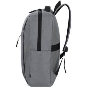 A grey backpack with a sleek design, featuring adjustable straps and a side pocket, along with a logo.