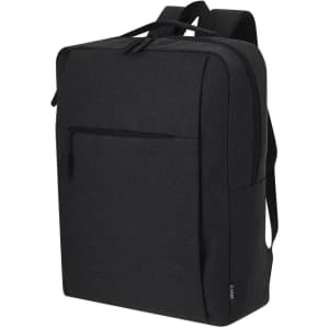 A sleek black backpack with a front zipper pocket and adjustable shoulder straps, featuring a subtle brand logo.