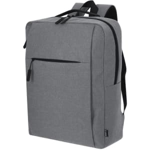 A grey backpack with a front pocket and dual shoulder straps, featuring a simple design and logo.