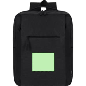 A black backpack featuring a front pocket and a green square area. The design includes a logo.
