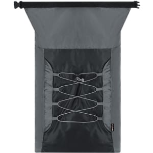 A foldable backpack in grey with adjustable straps and a drawstring closure, featuring a logo on the front.