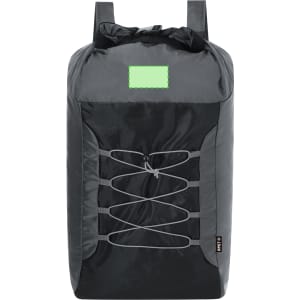 A foldable backpack in black, featuring a streamlined design with elastic cords and a logo patch on the front.