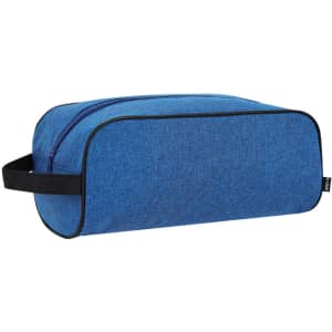 A blue shoe bag with a zipper and a black handle, featuring a simple design and logo.
