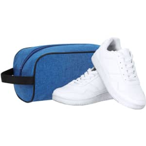 A blue shoe bag alongside a pair of white sneakers, featuring a simple design and a logo.