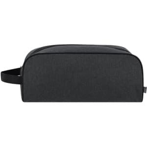 A black shoe bag with a rectangular shape and a side handle, featuring a logo on the front.