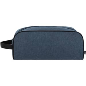 A blue shoe bag with a simple design and a handle, featuring a logo on the side.