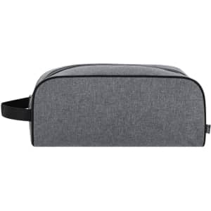 A grey shoe bag with a sleek design and a black handle, featuring a logo on the side.