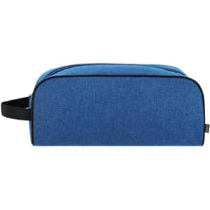 A blue shoe bag with a zipper closure and a black handle, featuring a simple design and branding.