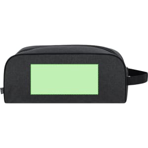 A black shoe bag with a rectangular green area on the front and a carrying handle on the side.
