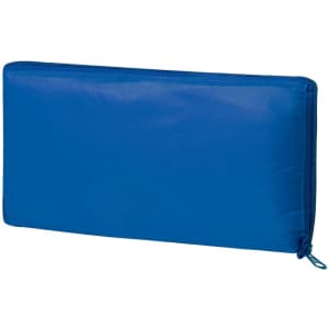 A blue cooler bag with a zippered closure and a small pull tab. It features a branding logo.