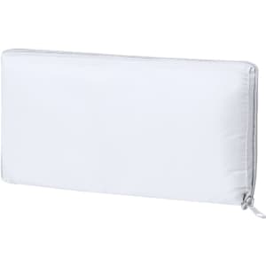 A white cooler bag featuring a zip closure and a plain design, with a branding logo on the side.