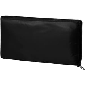 A black cooler bag with a zip closure, featuring a simple design and a branding logo.