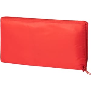 A red cooler bag with a zip closure, featuring a logo on one side.