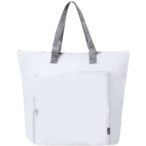 A white cooler bag with grey handles and a front pocket, featuring a logo on the side.