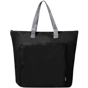A black cooler bag with grey handles and a zippered front pocket. It has a simple, sleek design and features branding.