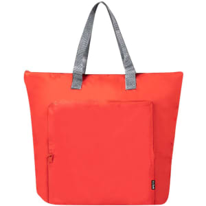 A red cooler bag featuring grey handles and a front pocket, with a logo.