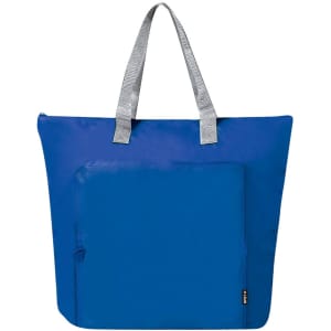 A blue cooler bag with grey handles and a front pocket, featuring a simple design and a logo.