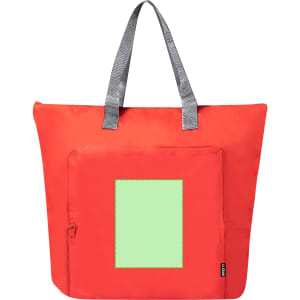 A red cooler bag with grey handles and a front pocket featuring a blank green area. The bag has a logo.