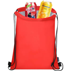 A red drawstring cooler bag with two cans of soft drink inside, featuring a logo on the bag.