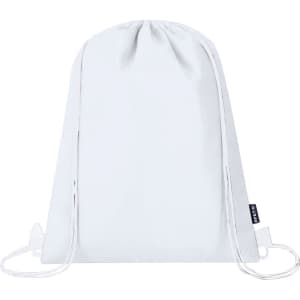 A white drawstring cooler bag with a simple design and two drawstrings. It features a branding logo.