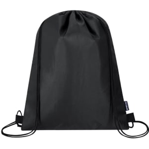 A black drawstring cooler bag with a textured surface and a logo, featuring adjustable straps.