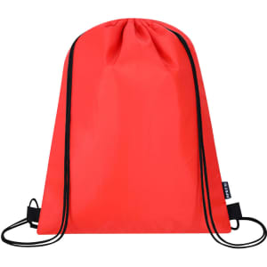 A red drawstring cooler bag with black cords, featuring a logo. Ideal for carrying drinks and snacks.