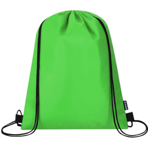 A bright green drawstring bag with black cords, featuring a branded logo.
