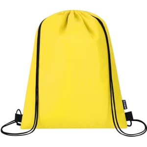 A yellow drawstring bag with black accents, featuring a logo on the side.