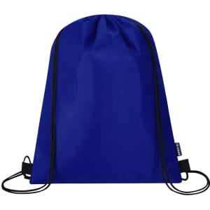A blue drawstring cooler bag with black edging and a logo, designed for easy carrying.