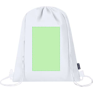 A white drawstring cooler bag featuring a light green placeholder, with a logo present on the side.