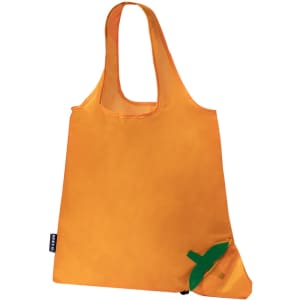 An orange foldable reusable grocery bag with a small green leaf detail and a logo.
